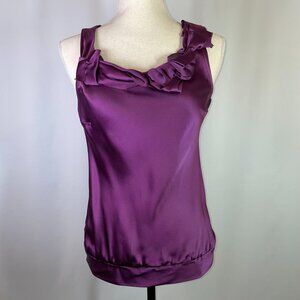 Pretty Satin Blouse Sleeveless Purple Plum Rosettes Scoop Neckline Size S